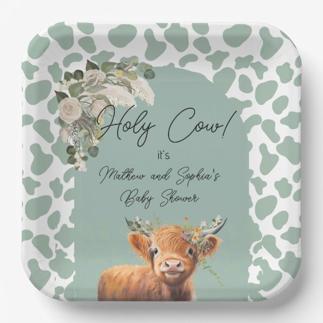 Sage Green Boho Holy Cow Farm Baby Shower  Paper Plates (Front)