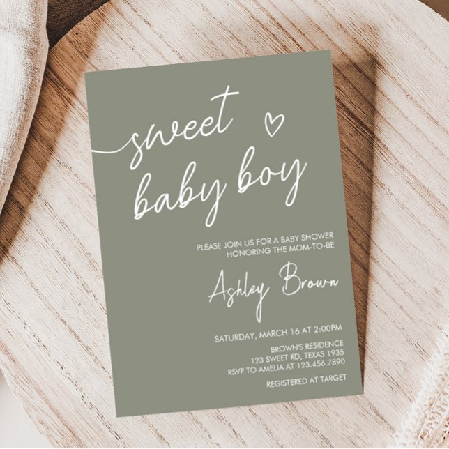 Sage Green Boho Minimalist Baby Shower  Invitation (Sweet Baby Boy Boho Baby Shower Invitation)