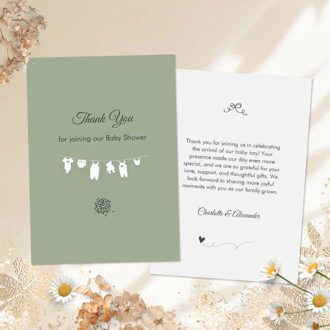 Sage Green Boho Minimalist Baby Shower Thank You Card | Zazzle