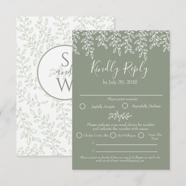 Sage Green Boho Modern Elegant Botanical Wedding RSVP Card (Front/Back)