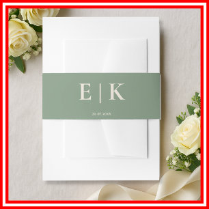Sage Green Boho   Monogram  Invitation Belly Band