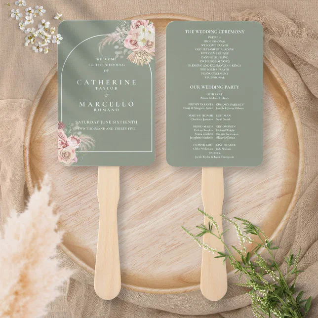 Sage Green Boho Pampas Grass Arch Wedding Program Hand Fan
