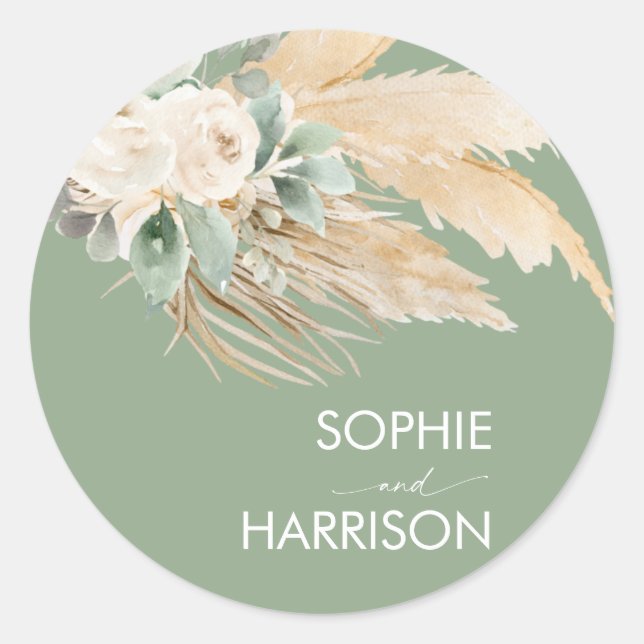 Sage Green Boho Pampas Grass Classic Round Sticker (Front)