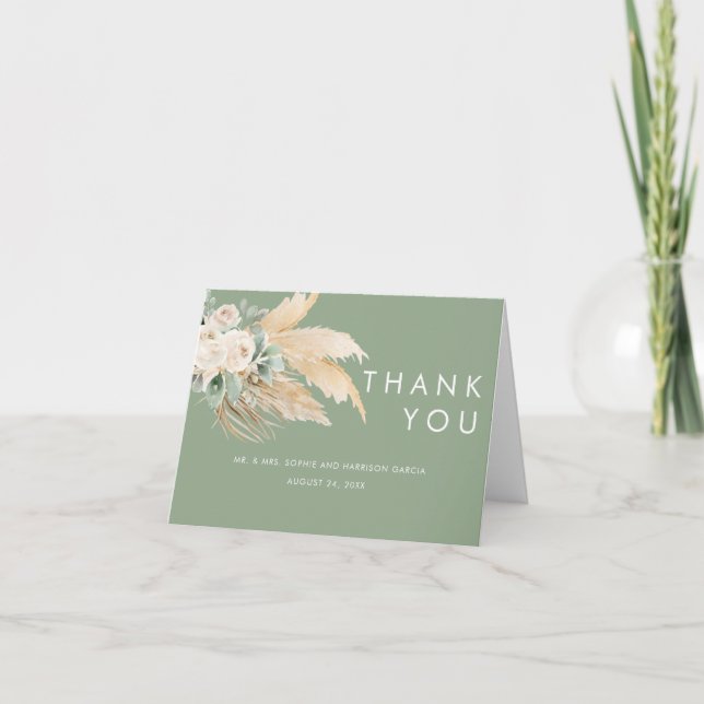 Sage Green Boho Pampas Grass Letterpress Thank You Card (Front)