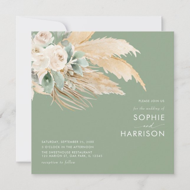 Sage Green Boho Pampas Grass Square Wedding Invitation (Front)