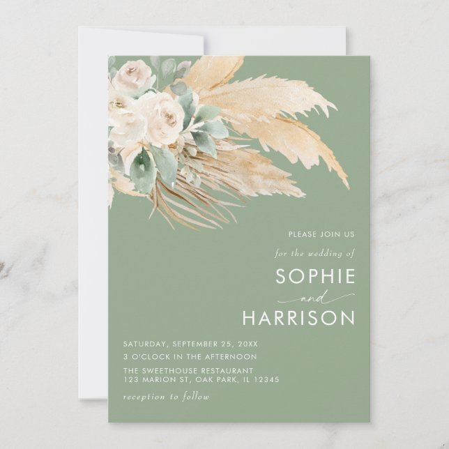 Sage Green Boho Pampas Grass Wedding  Invitation (Front)