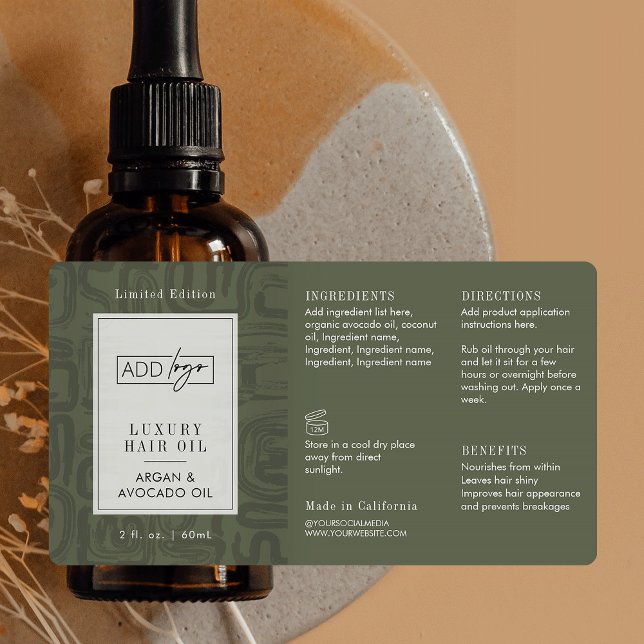 Sage Green Boho Pattern Logo 2OZ Dropper Bottle Label (Elegant earthy sage green tones custom logo cosmetic bottle wrap around label design )