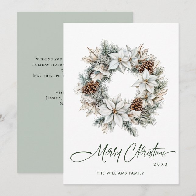 Sage Green Boho Pine Cones Christmas Wreath Holiday Card (Front/Back)