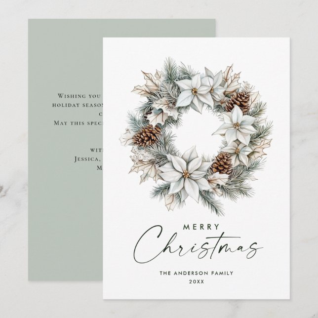 Sage Green Boho Pine Cones Christmas Wreath Holiday Card (Front/Back)