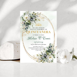Sage Green Boho Quinceañera Greenery Gold Invite