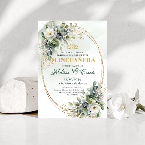 Sage Green Boho Quinceañera Greenery Gold Invite