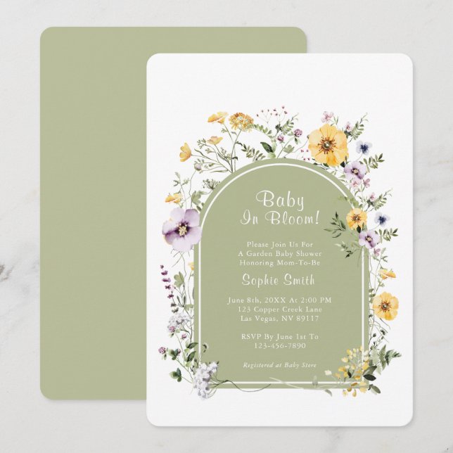 Sage Green Boho Rustic Baby In Bloom Baby Shower Invitation (Front/Back)