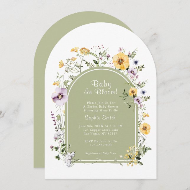 Sage Green Boho Rustic Baby In Bloom Baby Shower Invitation (Front/Back)