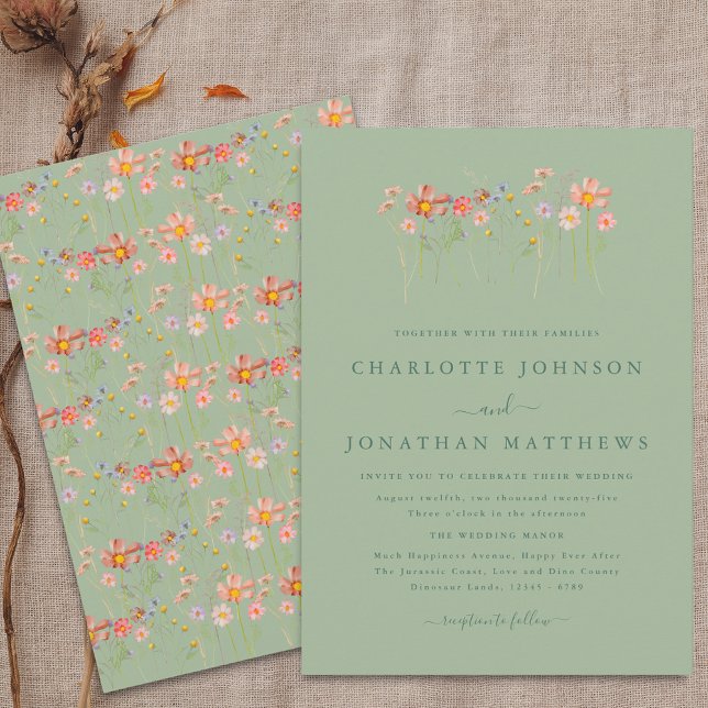 Sage Green Boho Rustic Wildflower Garden Wedding Invitation (Boho fall Wildflower sage green floral Wedding invitation Watercolor flowers elegant modern design)
