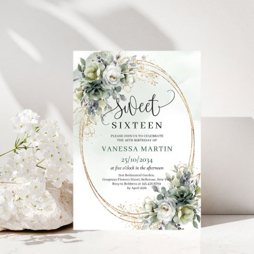 Sage Green Boho Sweet Sixteen Greenery Gold Invite