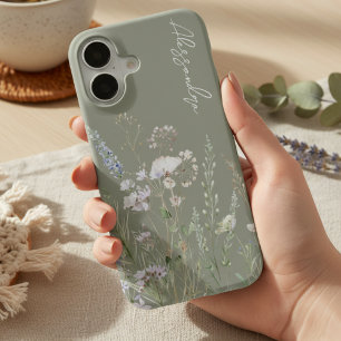 Sage Green Boho Watercolor Wildflowers iPhone 16 Case