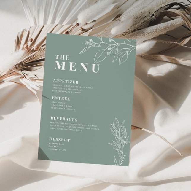 Sage Green Boho Wedding Menu with floral artwork (Creator Uploaded)