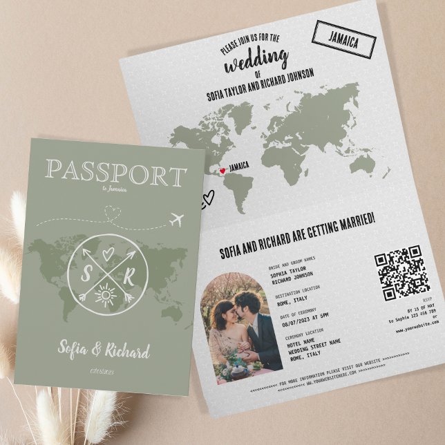 Sage Green Boho Wedding Passport Map QR Code Invitation (Creator Uploaded)