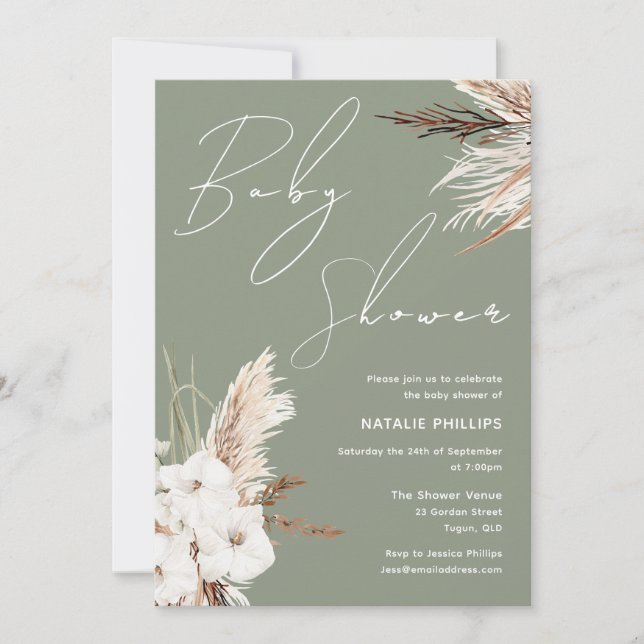 Sage Green Boho White Floral Modern Baby Shower Invitation (Front)