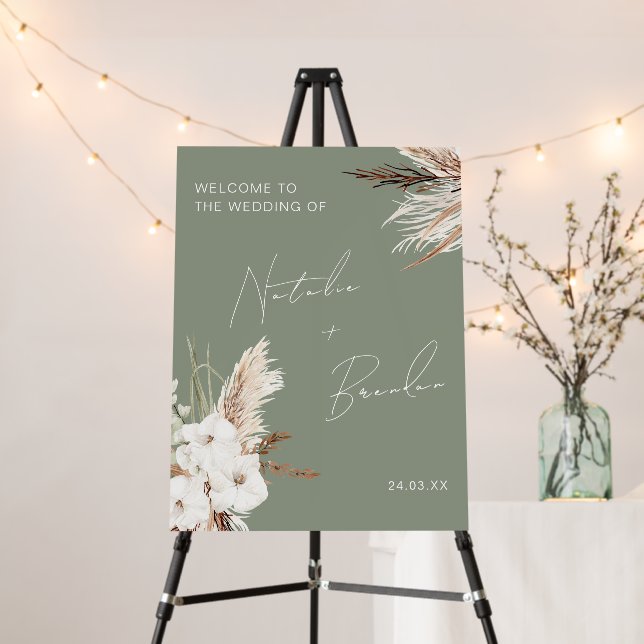 Sage Green Boho White Floral Wedding Welcome Sign (In Situ (Stand))