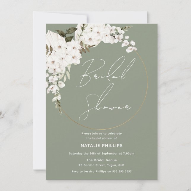 Sage Green Boho White Floral Wreath Bridal Shower Invitation (Front)