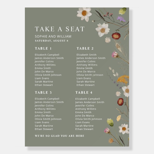 Sage Green Boho Wildflower  4 Table Seating Chart  Foam Board (Front)