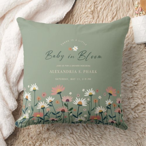 Sage Green Boho Wildflower Baby in Bloom Shower Throw Pillow