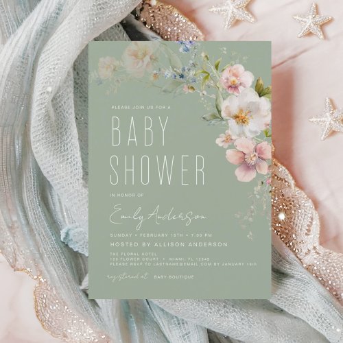 Sage Green Boho Wildflower Baby Shower Invitation