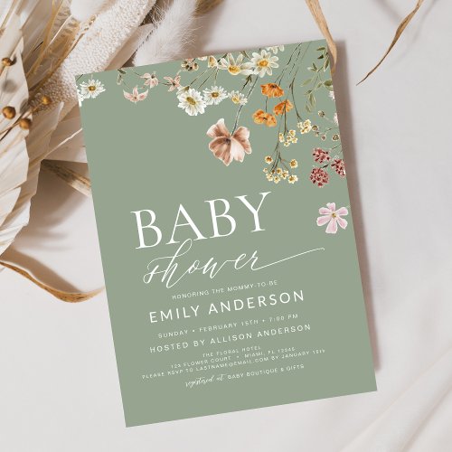 Wildflower Sage green Floral or wildflower baby shower invitation