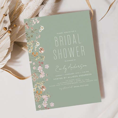 Sage Green Boho Wildflower Bridal Shower Bloom Invitation