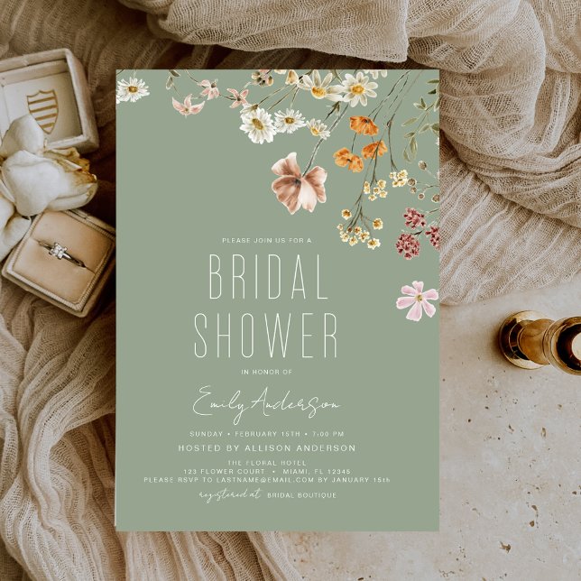 Sage Green Boho Wildflower Bridal Shower Elegant Invitation (Creator Uploaded)