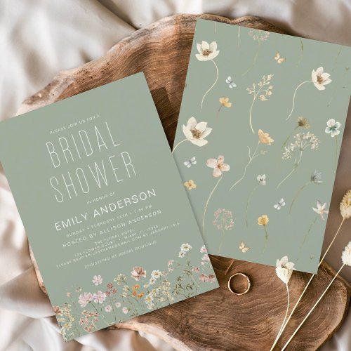 Sage Green Boho Wildflower Bridal Shower Elegant Invitation