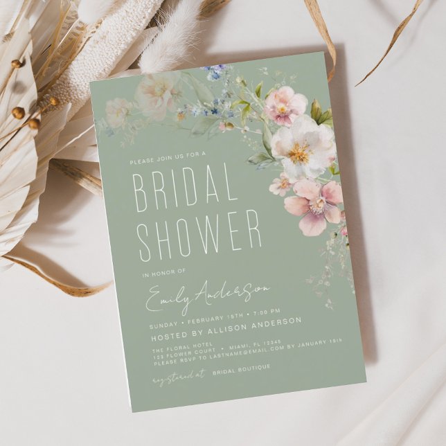 Sage Green Boho Wildflower Bridal Shower Elegant Invitation (Creator Uploaded)