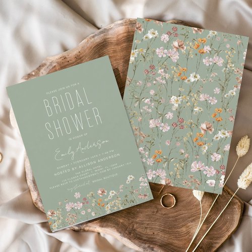 Sage Green Boho Wildflower Bridal Shower Elegant Invitation