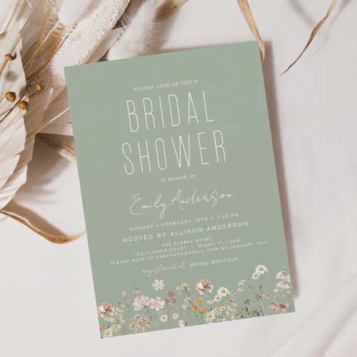 Sage Green Boho Wildflower Bridal Shower Invitation