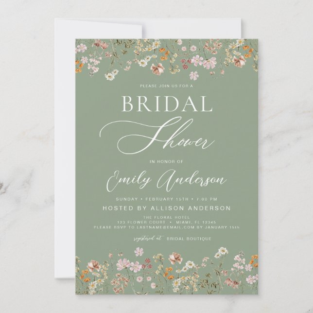 Sage Green Boho Wildflower Bridal Shower Invitation (Front)