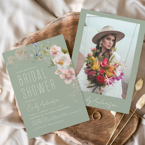 Sage Green Boho Wildflower Bridal Shower Photo Invitation