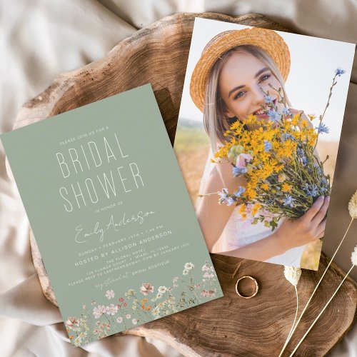 Sage Green Boho Wildflower Bridal Shower Photo Invitation