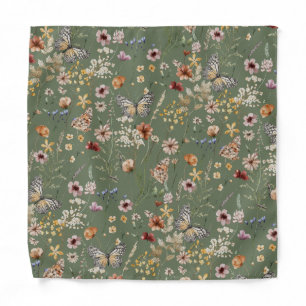 Sage Green Boho Wildflower Butterfly Pocket Square Bandana