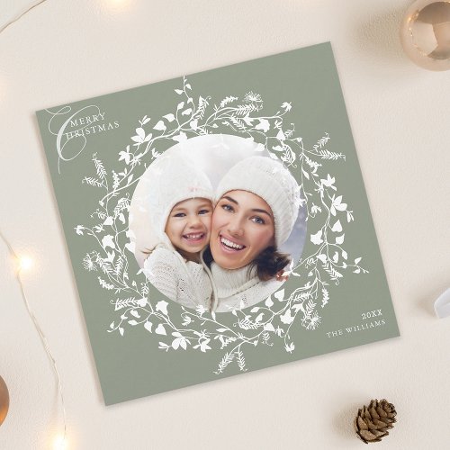 Sage Green Boho Wildflower Christmas Photo Square Holiday Card