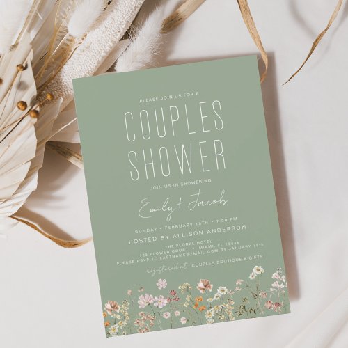 Sage Green Boho Wildflower Couples Shower Elegant Invitation