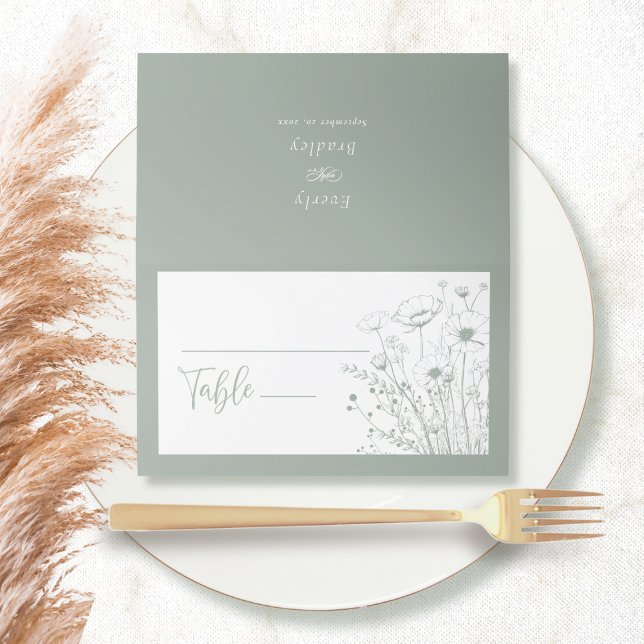 Sage Green Boho Wildflower Floral Script Wedding Place Card (Creator Uploaded)