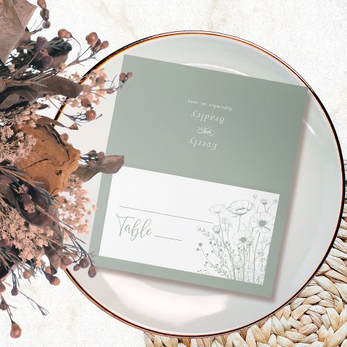 Sage Green Boho Wildflower Floral Script Wedding Place Card