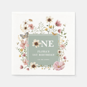 Sage Green Boho Wildflower Girl 1st Birthday Party Napkins