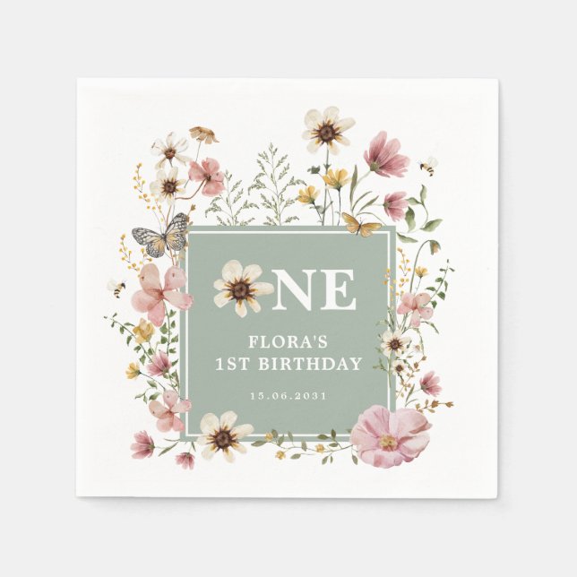 Sage Green Boho Wildflower Girl 1st Birthday Party Napkins (Front)