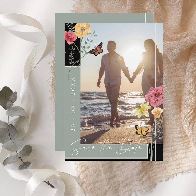 Sage Green Boho Wildflower Photo Save the Date (Creator Uploaded)
