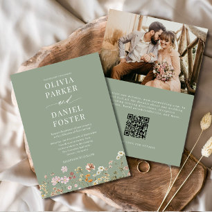 Sage Green Boho Wildflower QR Code Photo Wedding Invitation