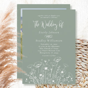 Sage Green Boho Wildflower QR Code Photo Wedding Invitation