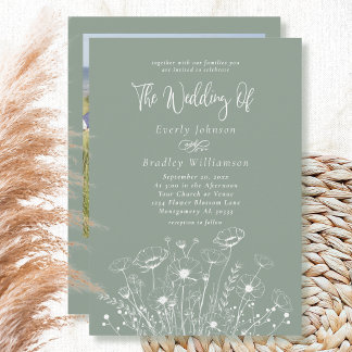 Sage Green Boho Wildflower QR Code Photo Wedding  Invitation