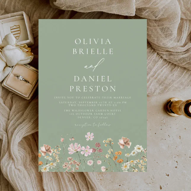 Sage Green Boho Wildflower Rustic Garden Wedding Invitation
